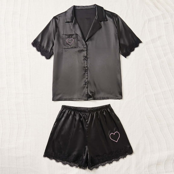 Xixinqiwan Pajama Set for Women,Button Up Pajama Set for Women Short Sleeve Shorts Knit Sleepwear 2 Pice Pjs Sets