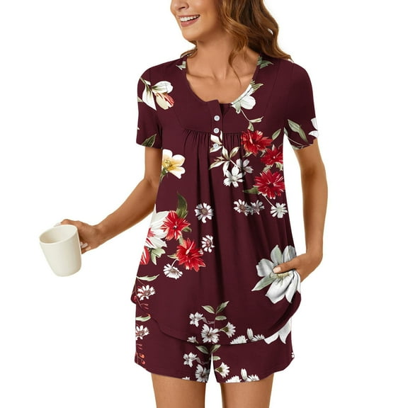Xixinqiwan Pajama Set for Women,Womens Short Sleeve Lounge Set Crew Neck Tops and Shorts Casual Loose Pj Sets Sleepwear with Pockets