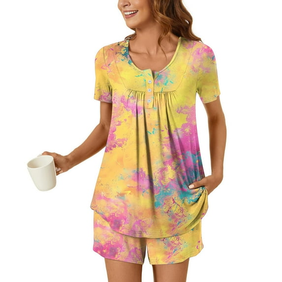 Xixinqiwan Pajama Set for Women Plus Size,Women's Short Sleeve Top and Shorts Soft Round Neck Pjs Lounge Set Two-piece Shorts Outfits Set