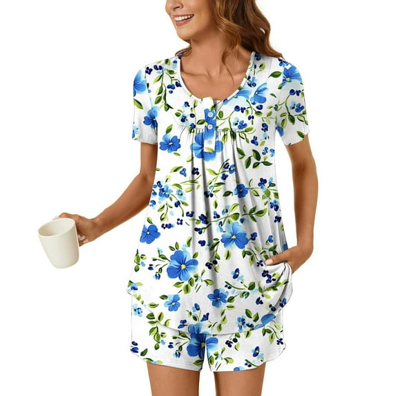 Xixinqiwan Pajama Set for Women Plus Size,Womens Soft Cotton Pajama Sets Short Sleeve Top and Shorts Matching Lounge Set Sleepwear with Pockets