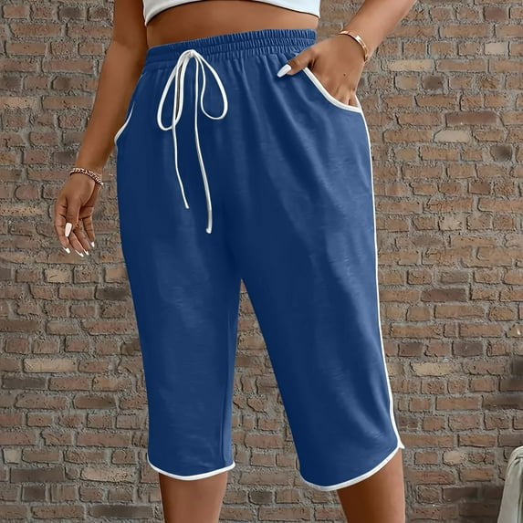 Xixinqiwan Plus Size Capris for Women,Womens Summer Plus Size Capri Pants Comfy Drawstring Wide Leg Sweat Pants Lounge Soft Pj Bottoms