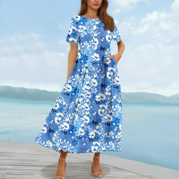 Xixinqiwan Plus Size Dress for Women Summer Casual Floral Boho Dress Short Sleeve Ruffle Flowy Beach Party Midi Dresses