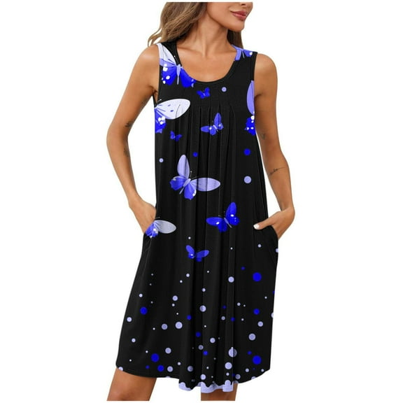 Xixinqiwan Plus Size Dress for Women,Women's Round Neck Sleeveless Dress Wide Strap Mini Dress Boho Floral Printed Summer Beach Short Sundress