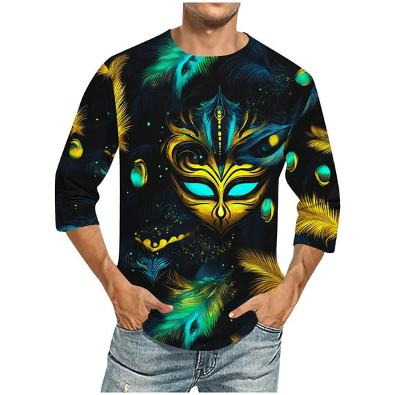 Xixinqiwan Plus Size Mardi Gras Tops for Men,Carnival Masks and Beads Graphic Tee Fat Tuesday Party Gift Men Tops