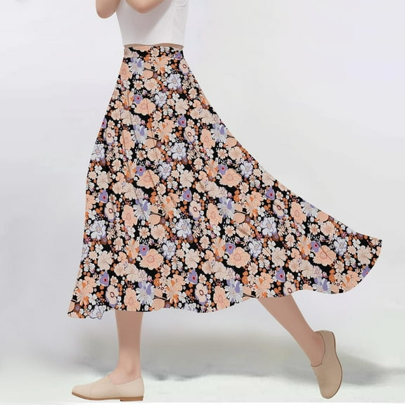 Xixinqiwan Plus Size Skirt for Women Clearance,Women's Summer Floral Maxi Skirt Beach Casual Elastic Waist A Line Skirt Trendy Flowy Long Skirt