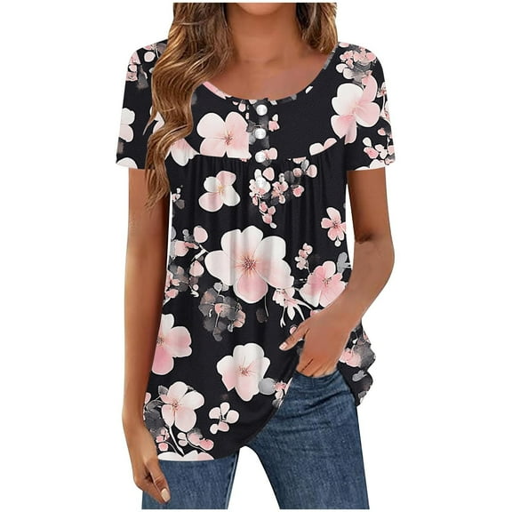 Xixinqiwan Plus Size T-shirts for Women,Womens Ruffle Short Sleeve Cute Pleated Babydoll Shirts Summer Casual V Neck Floral Fashion Blouse Tunics