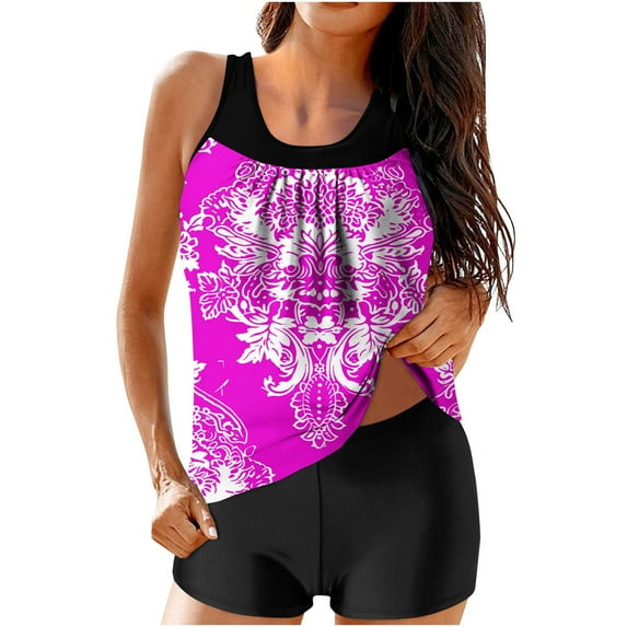 Xixinqiwan Plus Size Tankini Swimsuits for Women,Womens Flowy Ruffled Sleeve Tankini Tops with Boy Shorts Swimwear Tummy Control Two Piece Bathing Suits