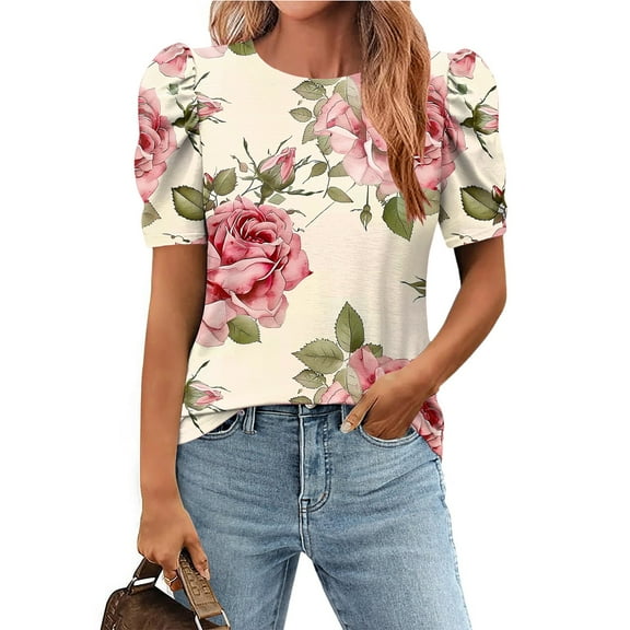 Xixinqiwan Plus Size Tops for Women 2025,Womens Puffed Sleeves Shirts Summer Casual Floral Printed Dressy Blouse Scoop Neck Pleated Front Casual T Shirt Tops