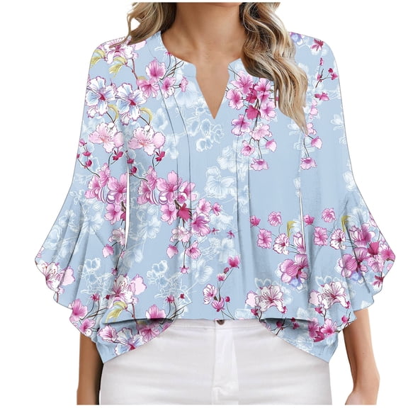 Xixinqiwan Plus Size Tops for Women,Summer Spring Shirts for Women Tops 3/4 Sleeve Plus Size Workout Tshirts Casual Blouse Clothes 2025 Trendy Light Blue 2XL