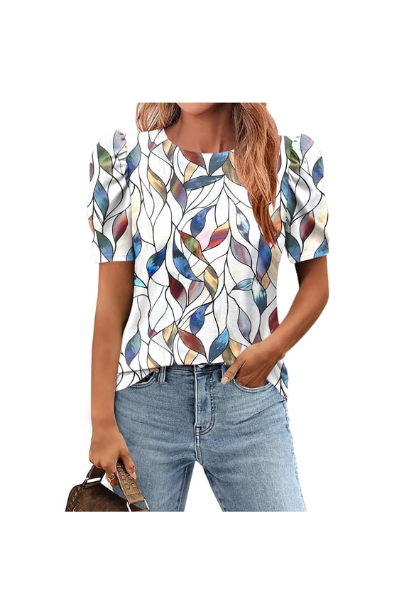 Plus Size Tops for Women 2025,Floral Tops for Women Pleated Puffed Sleeves Tunic Tops Summer Dressy Casual Scoop Neck Tshirt Loose Blouses