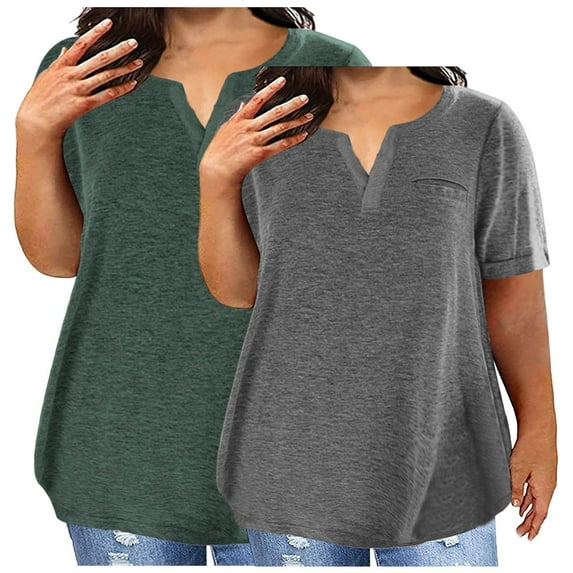 Xixinqiwan Plus Size Tops for Women,2PC Women's V Neck Solid Color Oversized T-shirts Trendy Workout Going Out Tee Tops