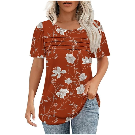 Xixinqiwan Plus Size Tops for Women,Womens Summer Tops Casual Short Sleeve T Shirts Floral Pleated Tunics Round Neck Loose Work Blouse Orange M