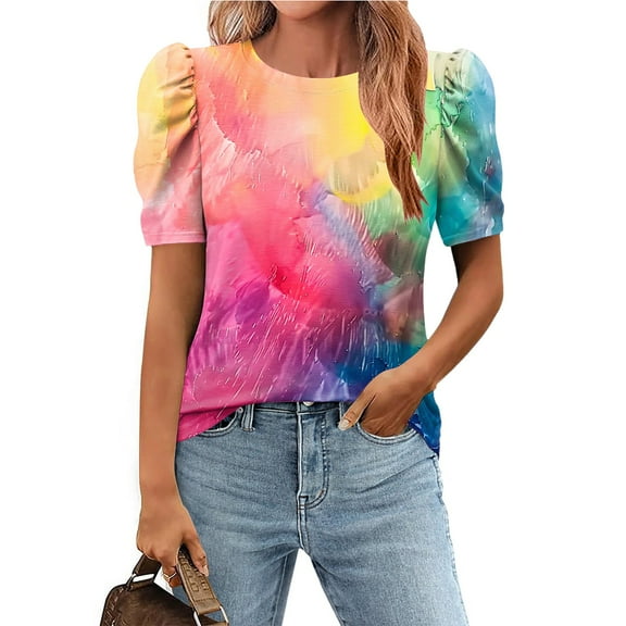 Xixinqiwan Plus Size Tops for Women,Womens Tops Puffed Sleeves Pleats Tunic Shirt Button up Vintage Casual Summer Floral Blouses Tee