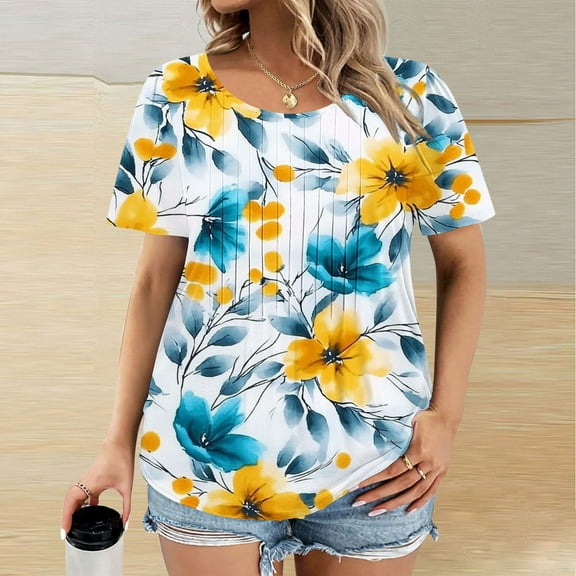 Xixinqiwan Plus Size Tops for Womens Short Sleeve Casual Loose T Shirts Soft Cotton Tunic Blouse Oversized Tees Yellow M