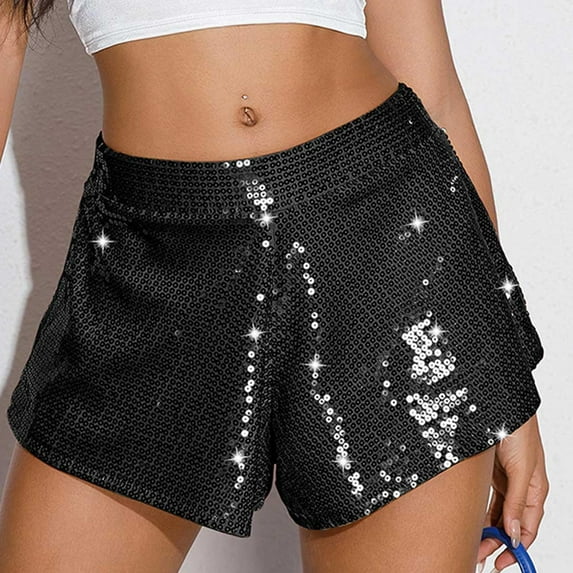 Xixinqiwan Shorts for Women Plus Size,Women's Sequined Booty Shorts High Waist Elastic Wide Leg Short Glitter Sparkle Hot Pants