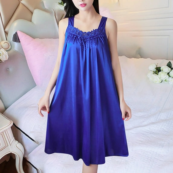 Xixinqiwan Summer Nightgowns for Women Sleeveless Pleated Sleepwear Dress Lounge Loose Fit Flowy Nightdress Loungewear Blue Free Size