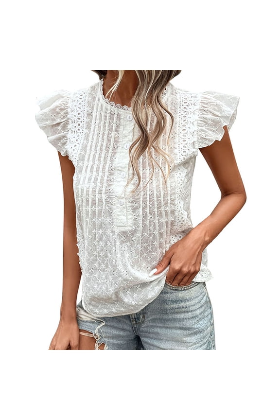 Summer Short Sleeve Tops for Women,Women's Solid Color Double-Layer Sleeved V Neck Button Up Blouse Short Sleeve Tops Casual Spring Summer Shirts