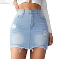 thumbnail image 1 of Xixinqiwan Summer Skirts for Women Clearance under $10,Women's Denim Skirt Mid Waisted Stretch Comfy Mini Jean Skirt Ripped Distressed Fringe Hem Short Skorts, 1 of 5