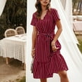 thumbnail image 1 of Xixinqiwan Sundresses for Women 2025 Plus Size,Women's Striped Printed V-Neck Short Sleeve Back Button Tie Waist Ruffle Dress Red M, 1 of 8