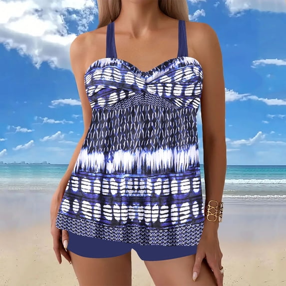 Xixinqiwan Tankini Swimsuits for Women Tummy Control Two Piece Bathing Suits Flowy Printed Swim Dress with Boy Shorts Blue 5XL