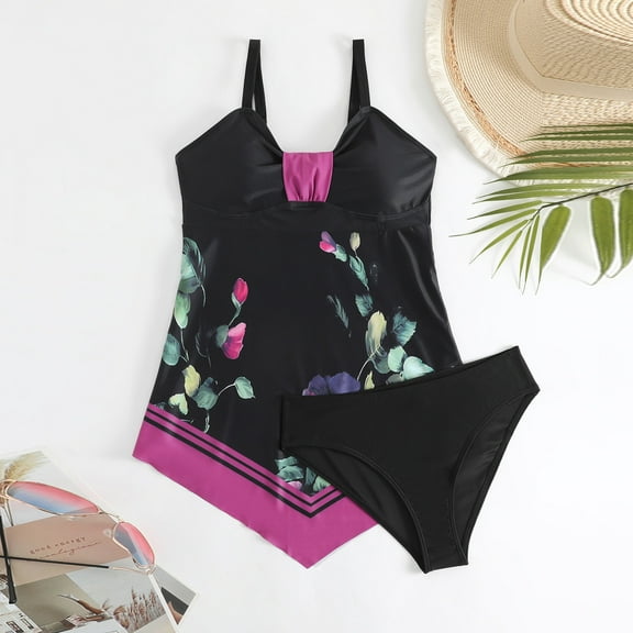 Xixinqiwan Tankini Swimsuits for Women Tummy Control Two Piece Bathing Suits Flowy Printed Swim Dress with Boy Shorts Purple 2XL