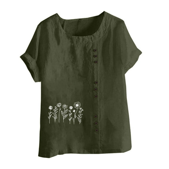 Xixinqiwan Today Women Summer Shirts,Women's Summer T Shirts Casual Crewneck Short Sleeve Blouses Cute Floral Print Loose Tunic Tops Army Green L
