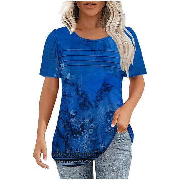 Xixinqiwan Today Women Summer Shirts,Womens Tops Dressy Casual Summer Flutter T-Shirts Trendy Short Sleeve Loose Crew Neck Tunic Tops Blue L