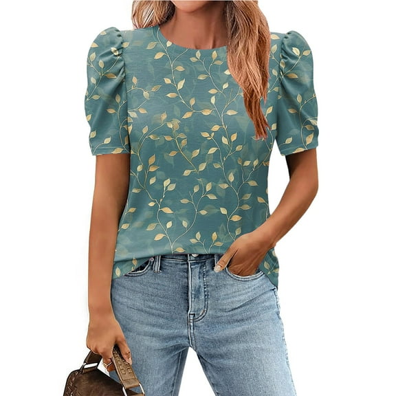 Xixinqiwan Today Women Summer TopsWomen's Summer Basic Pleated Top Casual Round Neck Dressy Shirts Floral Fashion Blouse Tunics