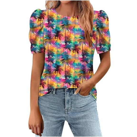 Xixinqiwan Today Women Summer TopsWomens Tops Short Sleeve Pleats Tunic Shirt Button up Vintage Casual Summer Floral Blouses Tee