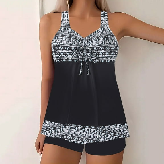 Xixinqiwan Two Piece Tankini Swimsuits for Women Tummy Control Bathing Suit with Skirt Vintage Printed Swimdress White 3XL