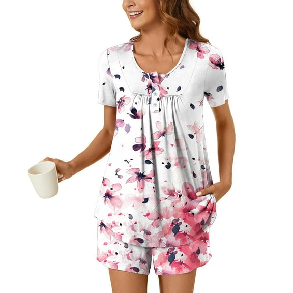 Xixinqiwan Two Piece Womens Pajama Set,Women's Cotton Short Sleeve Pj Set Pattern Sleepwear Lounge PJ Nightwear with Pockets