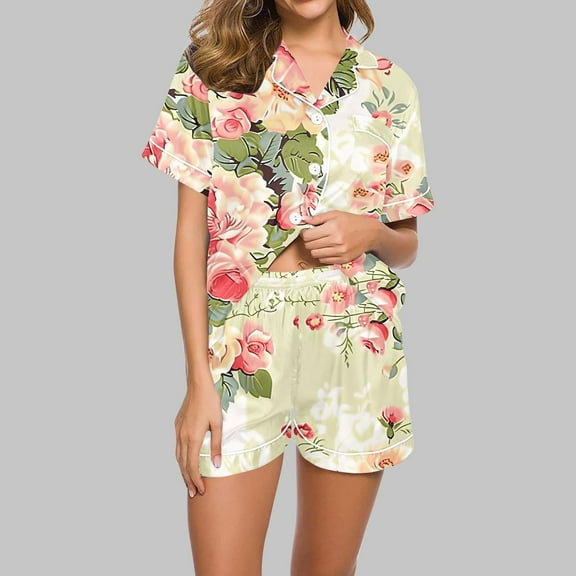 Xixinqiwan Two Piece Womens Pajama Set,Womens Silk Satin Pajamas Short Sleeve Loungewear Two-Piece Sleepwear Button-Down Pj Set
