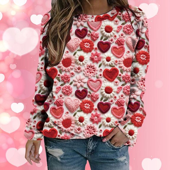 Xixinqiwan Valentine's Day Sweatshirt,Women Valentine 3D Colorful Heart Pattern Graphic Sweatshirt Vintage Pullover Tops Valentines Gifts for Girlfriend Wife