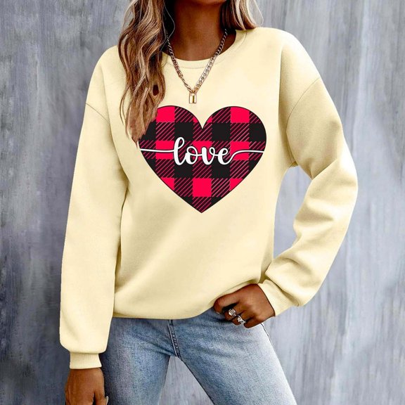 Xixinqiwan Valentine's Day Sweatshirt,Women Valentine's Day Retro Graphic Sweater Simple Heart Printed Shirt Casual Long Sleeve Pullover Top