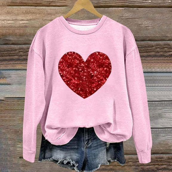 Xixinqiwan Valentines Day Love Heart Sweatshirts,Womens Casual Crewneck Pullover Tops Cute Loose Fit Sweatshirt Valentine's Day Blouse