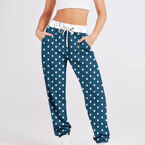 Xixinqiwan Women Baggy Sweatpants Fashion Polka Dots Sweat Pant Elacstic Waist Tapered Women Pants Running Joggers