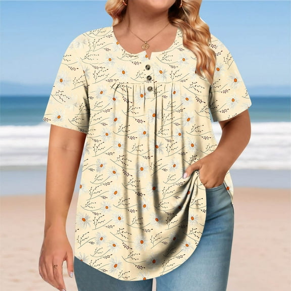 Xixinqiwan Women Tops,Summer T Shirts for Women Workout Plus Size Tops Crew Neck Short Sleeve Button Down Gym Shirts Casual Loose Fit Basic Tees