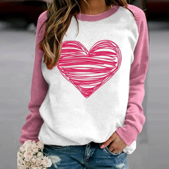 Xixinqiwan Women Crewneck Sweatshirt Valentine's Shirt,Womens Heart Print Crewneck Heart Graphic Shirt Lightweight Comfortable Sweatshirt Long Sleeve Pullover Hoodless Sweater