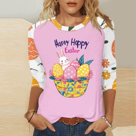 Xixinqiwan Women Cute Easter's Day Shirt,Three Quarter Sleeve Tee Shirts for Women Round Neck Cute Bunny Easter Colorful Eggs Graphic Shirts Spring Comfortable Tops