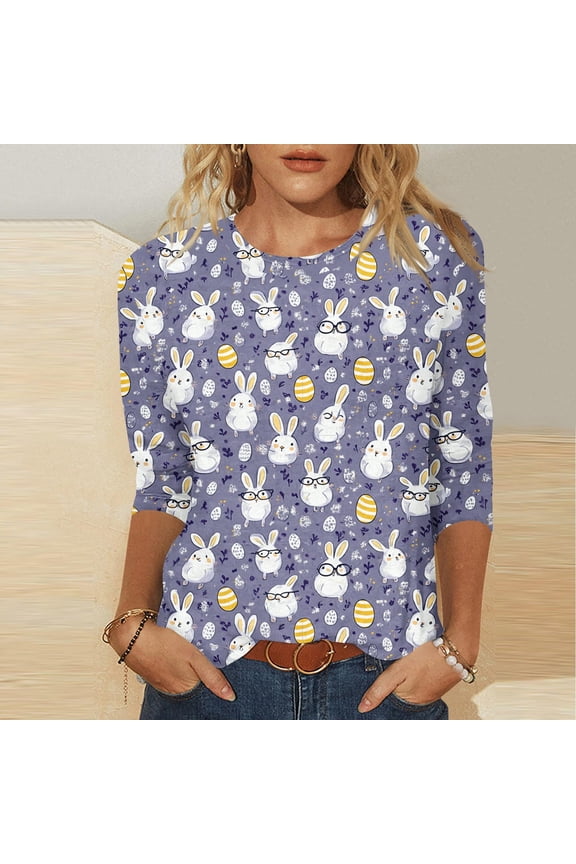 Women Cute Easter's Day Shirt,Women Happy Easter Egg Gift Blouses for Ladies Elbow 3/4 Sleeve Round Neck Funny Bunny Easter Graphic Tops Tees