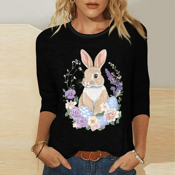 Xixinqiwan Women Cute Easter's Day Shirt,Womens Tops Casual Happy Easter Graphic Print Crewneck Tshirt Plus Size Tunic Tops Loose Dressy Shirts