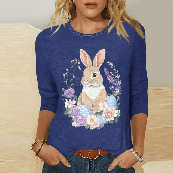 Xixinqiwan Women Cute Easter's Day Shirt,Womens Tops Casual Happy Easter Graphic Print Crewneck Tshirt Plus Size Tunic Tops Loose Dressy Shirts