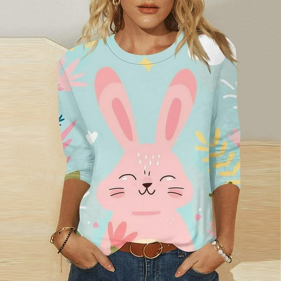 Xixinqiwan Women Cute Easter's Day Shirt,Womens Tops Trend Three Quarter Sleeve Printed Cartoon Easter Bunny Tshirt Top Easter Dress for Women