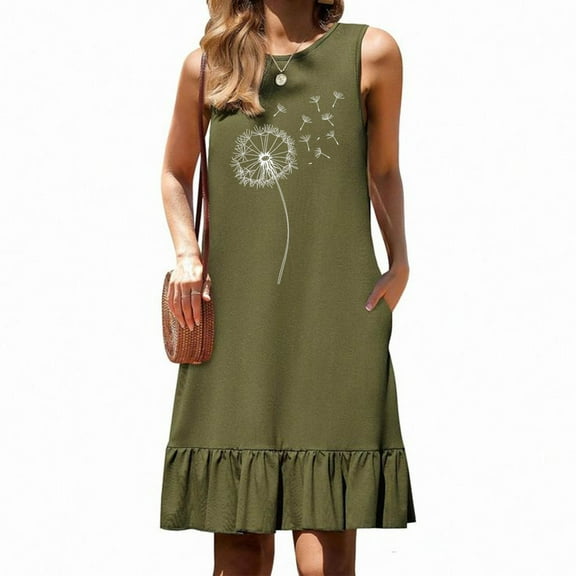Xixinqiwan Women Dress ,Women's Dandelion Printed Round Neck Sleeveless Pocket Pleated Hem Splicing Dress Army Green XXL