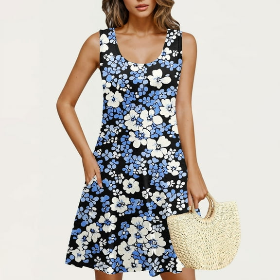 Xixinqiwan Women Dress Plus Size,Women's 2025 Summer Sleeveless Sundress Casual Flowy Loose Swing T-Shirt Dress Spring Midi Dress with Pocket