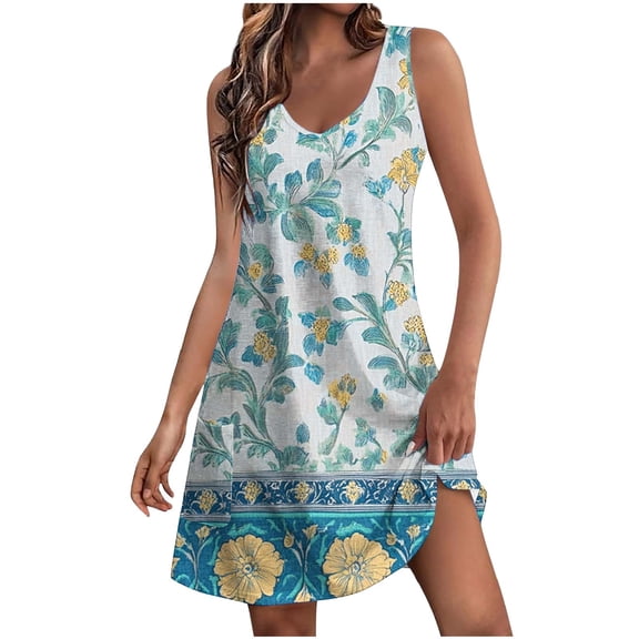 Xixinqiwan Women Dress Plus Size,Women's Round Neck Sleeveless Dress Wide Strap Mini Dress Boho Floral Printed Summer Beach Short Sundress