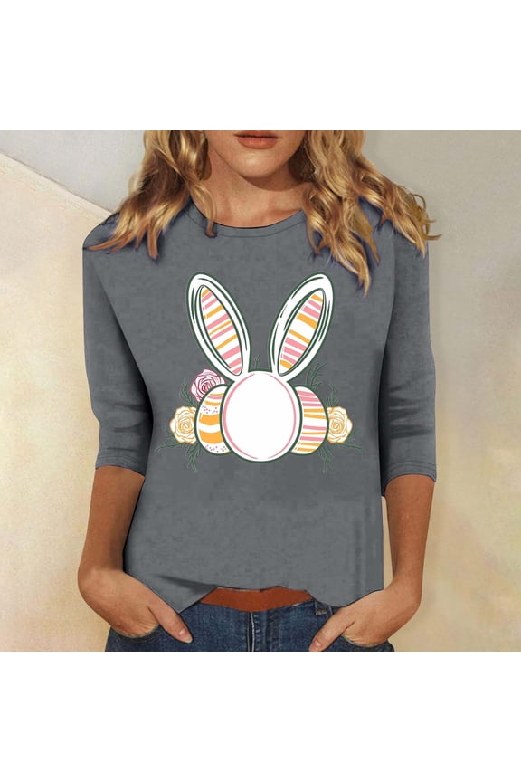 Women Easter Shirt,Women Happy Easter Egg Gift Blouses for Ladies Elbow 3/4 Sleeve Round Neck Funny Bunny Easter Graphic Tops Tees