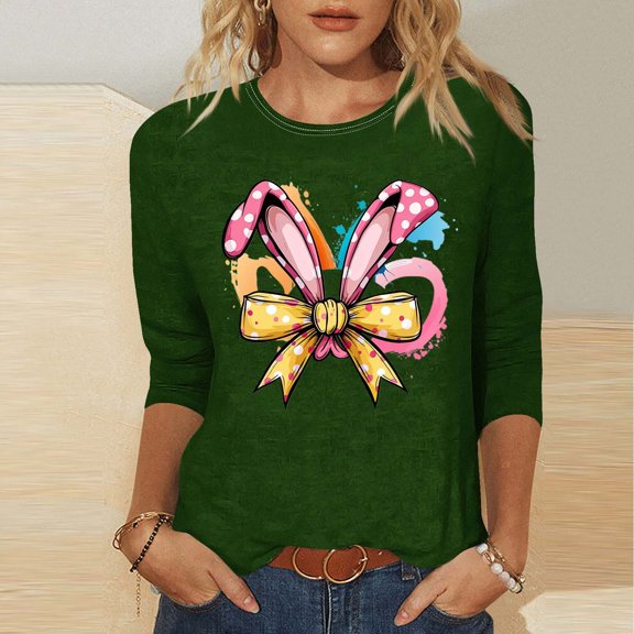 Xixinqiwan Women Easter Shirt,Women Round Neck Bunny Hare Graphic Tee Tops Funny Easter Day Shirts for Women