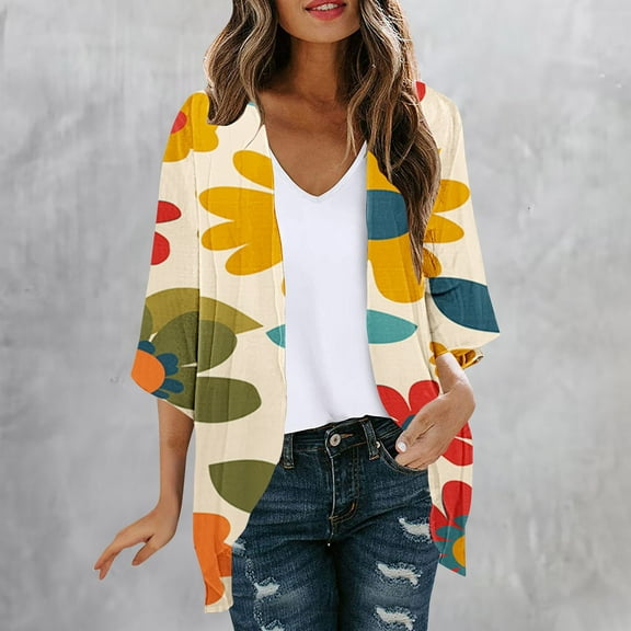 Xixinqiwan Women Floral Print Lightweight Cardigans Short Sleeve Chiffon Kimono Cardigan Loose Beach Wear Blouse Tops