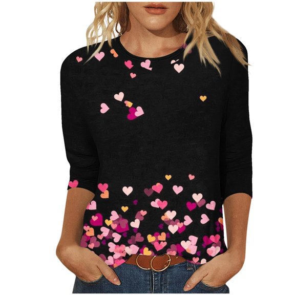 Xixinqiwan Women Heart Printed Plus Size T-Shirts,St. Valentines Day Outfits for Women 2025 Ladies Tops Seven Sleeve Funny Graphic Tee Shirts